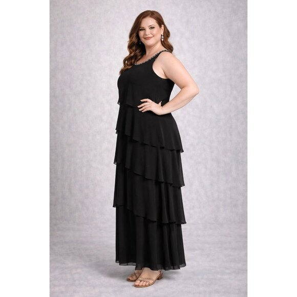JJ's House Dresses & Skirts - JJ's House Womens Black Tiered Chiffon Evening Dress With Beaded Neckline 26W